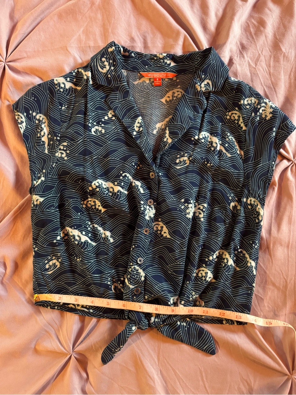 Modcloth Navy Wave-Print Tie-Waist Cropped Button Up Collared Blouse